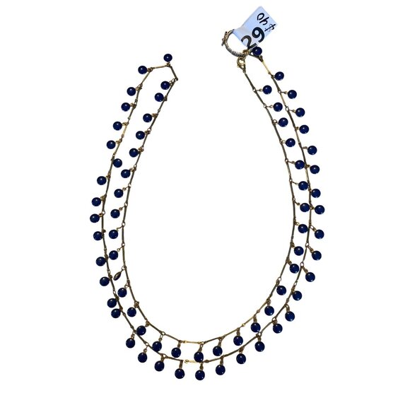 Vintage Double Strand Blue Beaded Necklace With Gold-Tone Chain & Clasp - Picture 1 of 14